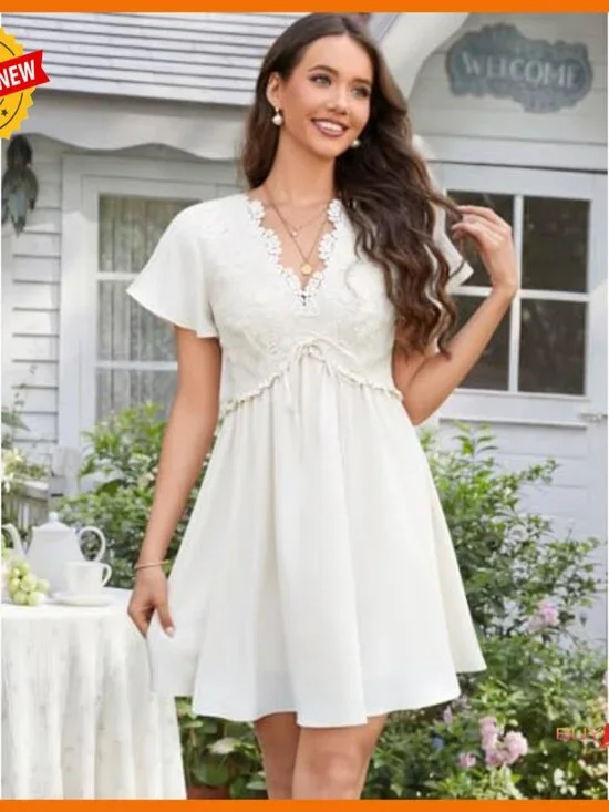 Floral Lace Deep V-Neck Mini Dress Flutter Sleeves A-Line Boho - Picture 2 of 6